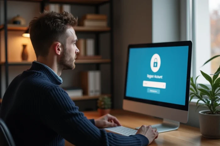 Homme accédant à son espace personnel en ligne depuis un bureau à domicile