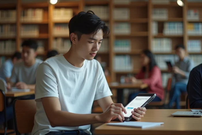 Jeune candidat accédant à la plateforme IGPDE sur tablette dans une bibliothèque universitaire pour préparer un concours administratif