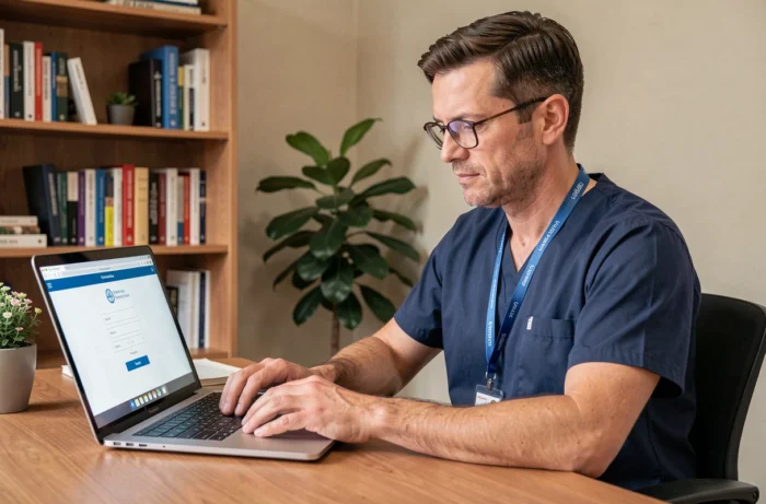 Professionnel de santé du CHU de Reims accédant à Zimbra en télétravail depuis un bureau à domicile
