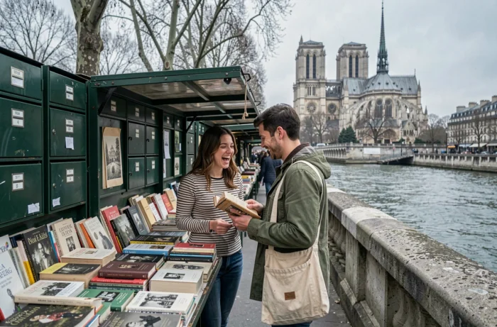 Deux amis explorant les bouquinistes sur les quais de Seine à Paris avec Notre-Dame en fond