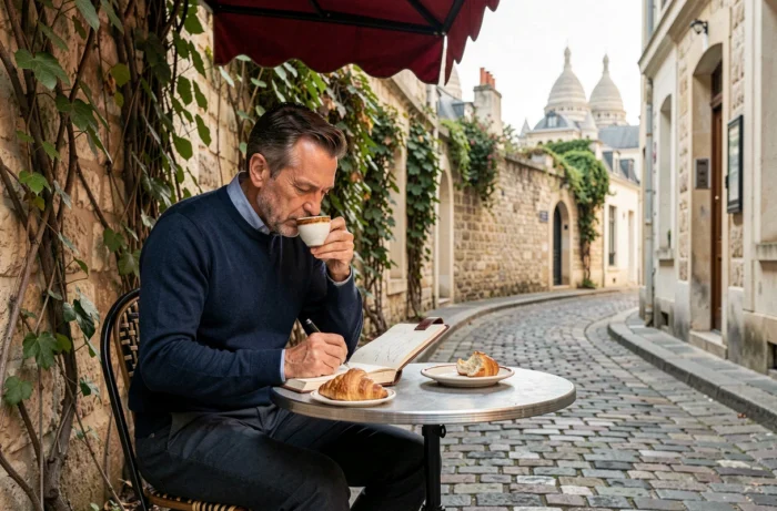 Homme dessinant dans un carnet à une terrasse de café typique à Montmartre, Paris