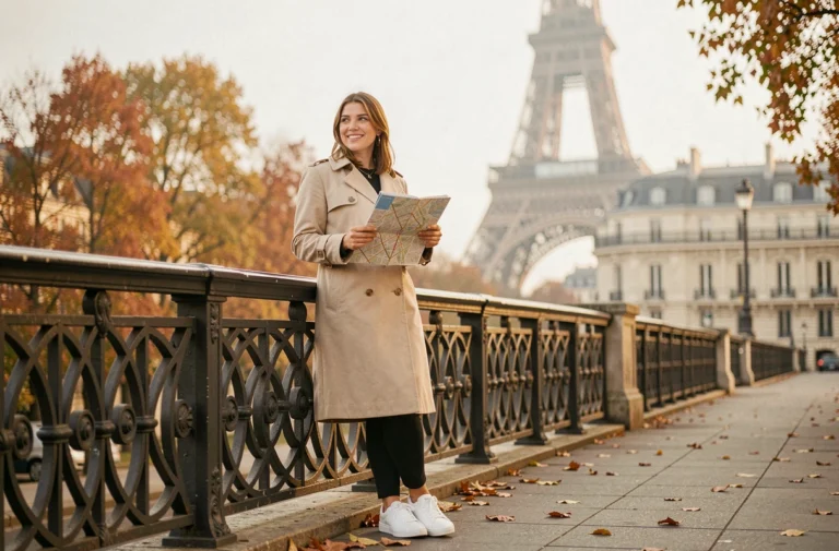 Femme souriante sur le Pont de Bir-Hakeim à Paris avec la Tour Eiffel en arrière-plan en automne