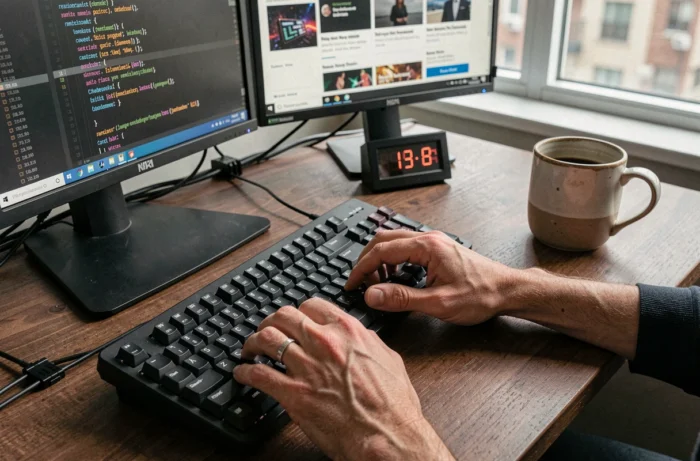 Mains d'un développeur tapant sur un clavier mécanique devant un double écran affichant du code et l'actualité informatique