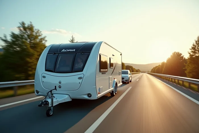 Caravane aérodynamique Adria Action 361 LH tractée par une voiture sur autoroute, montrant son profil profilé