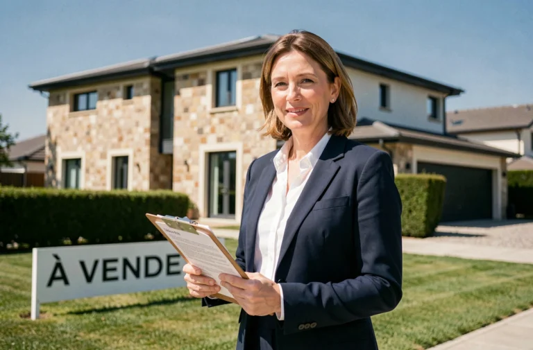 Agent immobilière professionnelle devant une maison à vendre, tenant des documents de vente dans un quartier résidentiel moderne