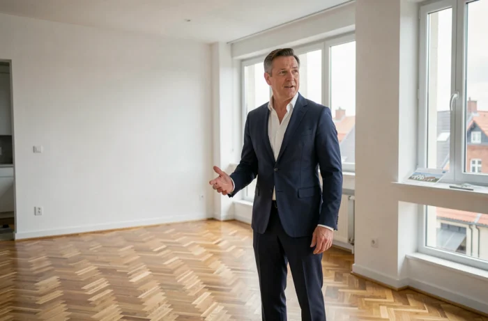 Agent immobilier présentant un appartement vide lors d'une visite de location
