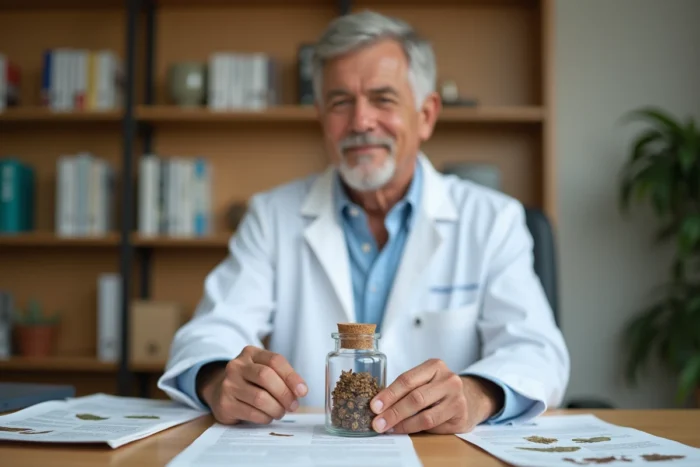 Médecin allergologue en cabinet tenant un flacon de galles de chêne séchées lors d'une consultation