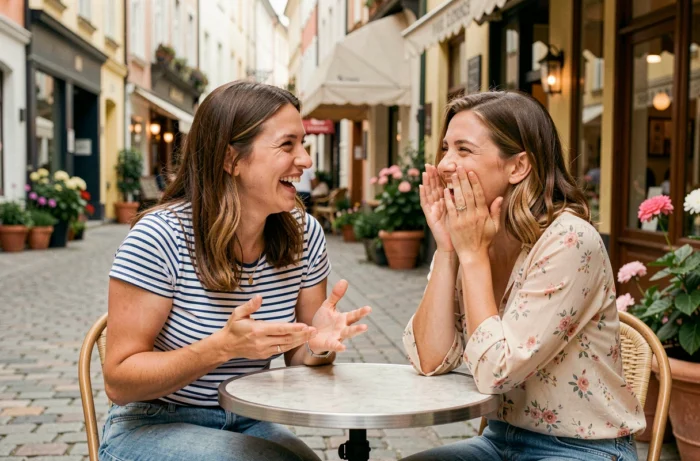 Deux amies riant ensemble en terrasse de café, célébrant la joie des petits moments du quotidien