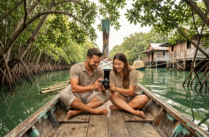 Deux amis voyageurs consultant un appareil photo sur un bateau traditionnel naviguant dans les mangroves d'Asie du Sud-Est