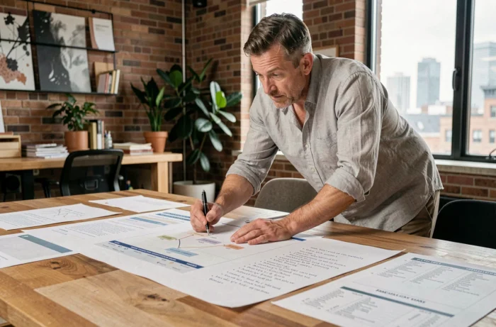 Homme analysant un plan de site web et des rubriques imprimées sur une grande table dans un studio créatif