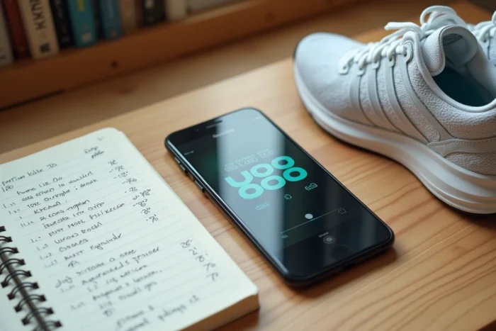 Application de suivi de pas sur smartphone affichant 100 000 pas avec chaussures de marche et carnet de notes