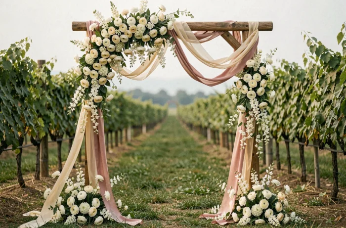 Arche de mariage en bois décorée de ranunculus blancs, de jasmin et de rubans organza champagne dans un vignoble verdoyant lors d'une cérémonie en plein air