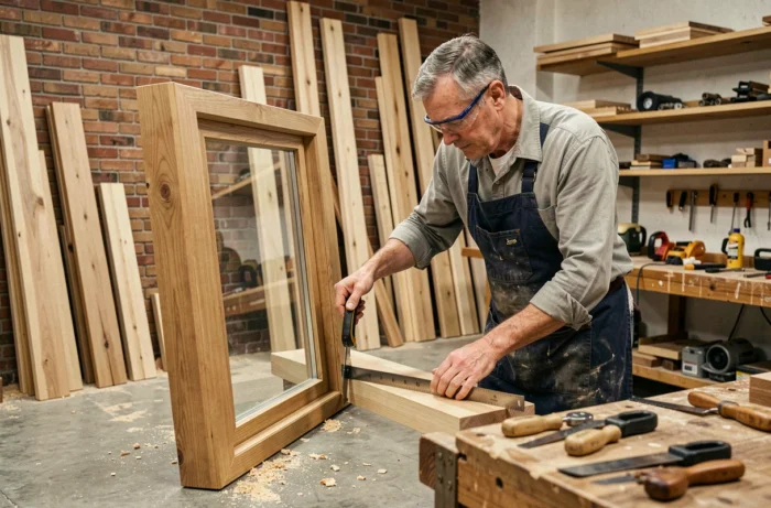 Artisan menuisier mesurant un cadre de fenêtre en bois sur-mesure dans son atelier