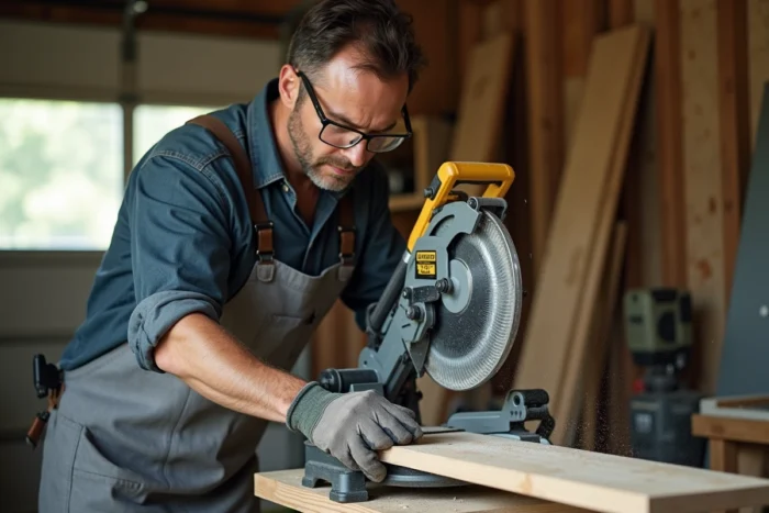 Artisan utilisant une scie à onglet Tacklife 2000W pour couper une planche en bois dans un atelier garage