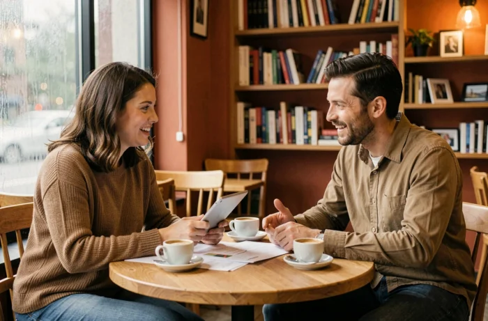 Deux associés discutant de leur stratégie de business en ligne autour d'un café dans un espace convivial, collaboration et planification entrepreneuriale