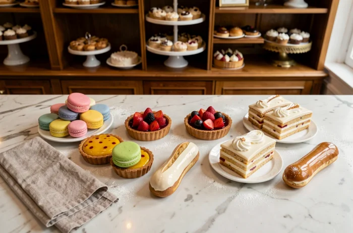 Assortiment de pâtisseries françaises élégamment disposées sur un comptoir en marbre blanc dans une pâtisserie parisienne