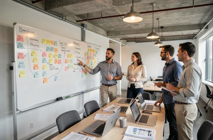 Équipe diversifiée en atelier de développement des compétences autour d'un tableau blanc dans un espace de travail collaboratif