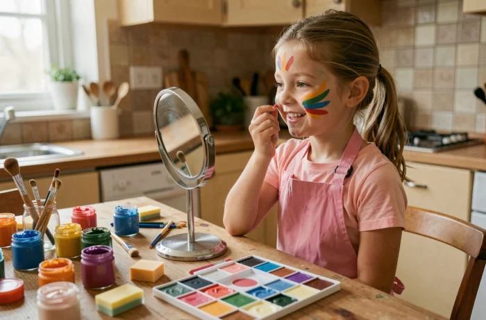 Jeune fille appliquant du maquillage pour enfants à base d'eau sur son visage avec des pinceaux et une palette de couleurs sur une table en bois