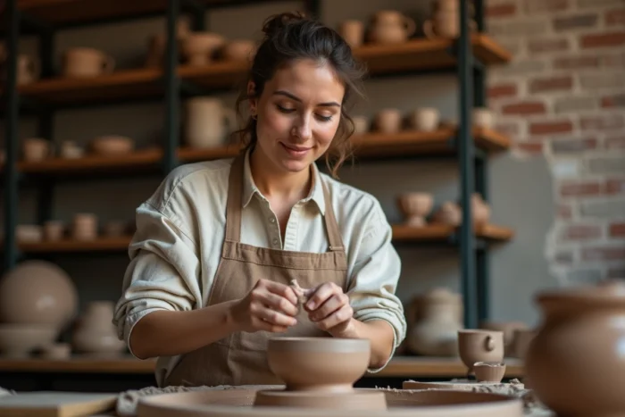 Femme adulte façonnant un bol en céramique sur un tour de poterie dans un atelier artisanal en briques
