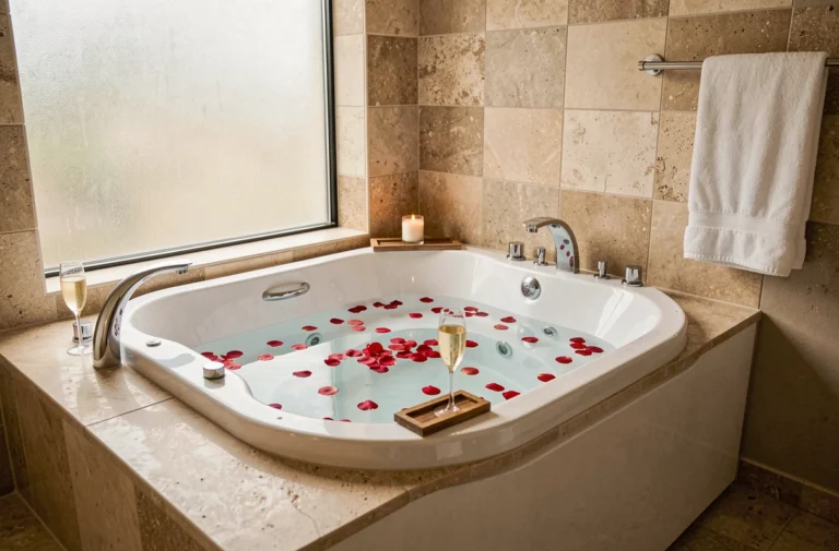 Grande baignoire balnéo deux places avec pétales de rose et flûtes de champagne dans une salle de bain moderne en pierre beige