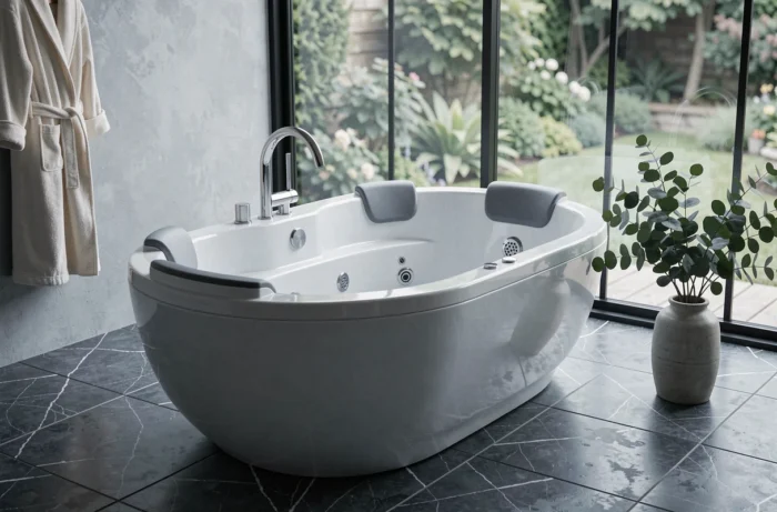 Baignoire balnéo deux places autoportante design avec jets visibles et fenêtre panoramique sur jardin dans une salle de bain luxueuse en marbre