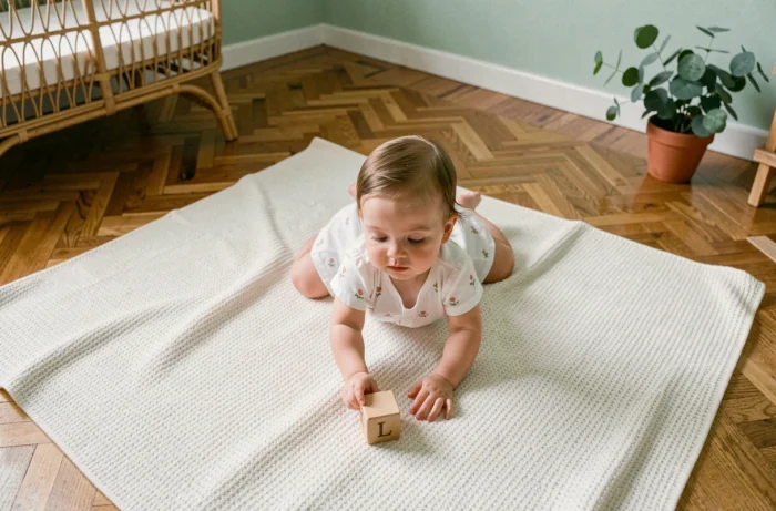 Bébé fille posant sur une couverture tricotée avec un cube en bois portant la lettre L, évoquant le prénom Lucie