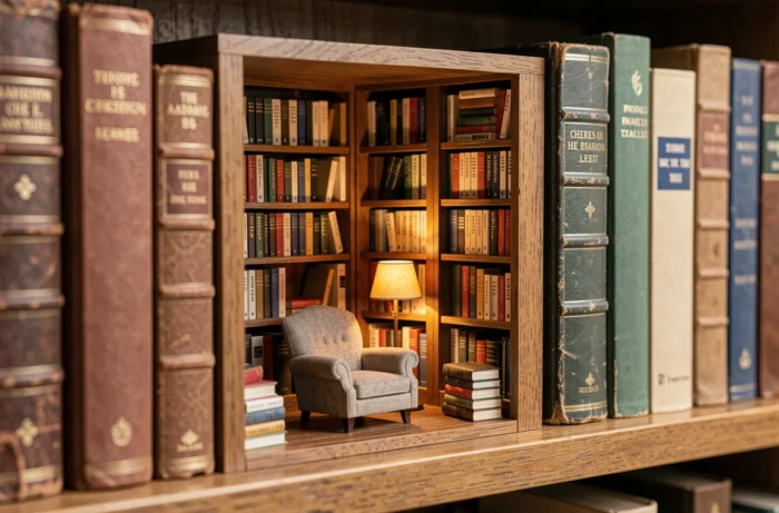Book nook miniature d'une bibliothèque cosy encastré entre des livres sur une étagère en bois