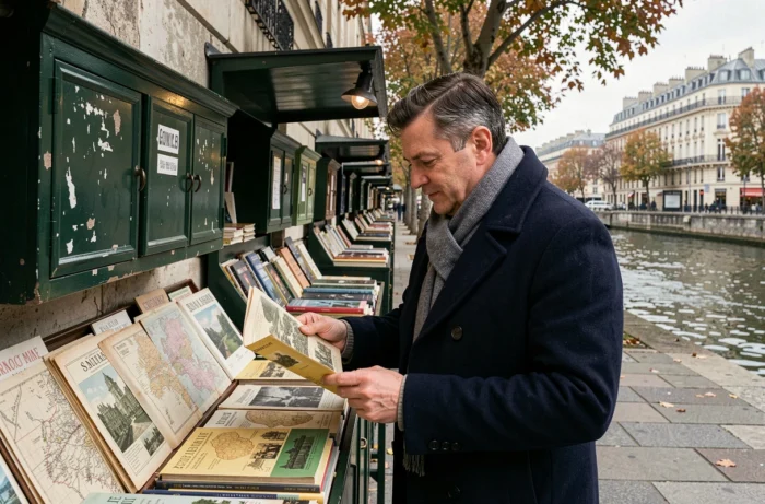 Homme parcourant les bouquinistes des quais de la Seine à Paris, loisir culturel incontournable