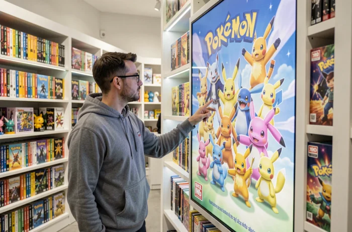 Homme dans une boutique Pokémon pointant un poster avec des Pokémon dont les noms commencent par T, ambiance collector