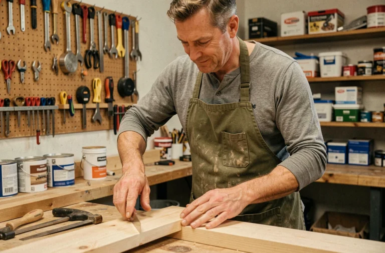 Homme bricoleur mesurant une planche en bois dans un atelier maison bien organisé avec outils et matériaux de rénovation