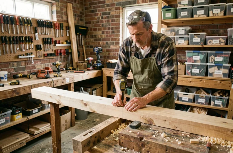 Artisan bricoleur mesurant une planche en bois dans un atelier moderne bien équipé avec outils électroportatifs sans fil en 2024