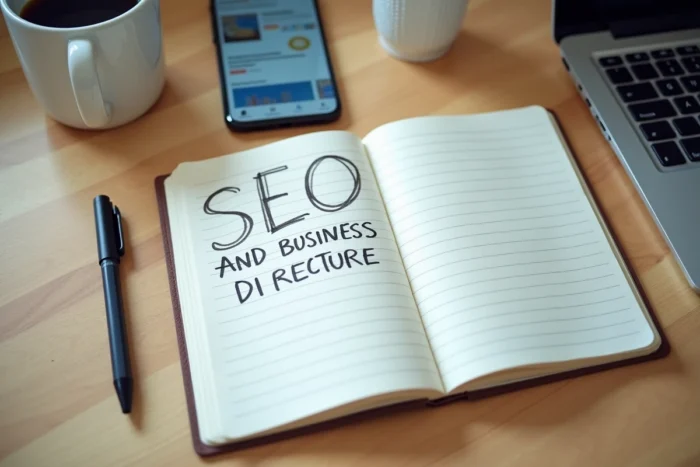 Bureau d'un professionnel du marketing digital avec notes manuscrites sur le référencement et annuaires professionnels en ligne