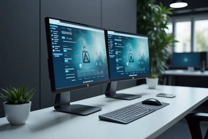 Bureau informatique avec écrans affichant des outils de sécurité en ligne comme alternative à Gozmap en 2026