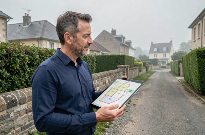 Homme consultant une carte cadastrale sur tablette en comparant les parcelles sur le terrain