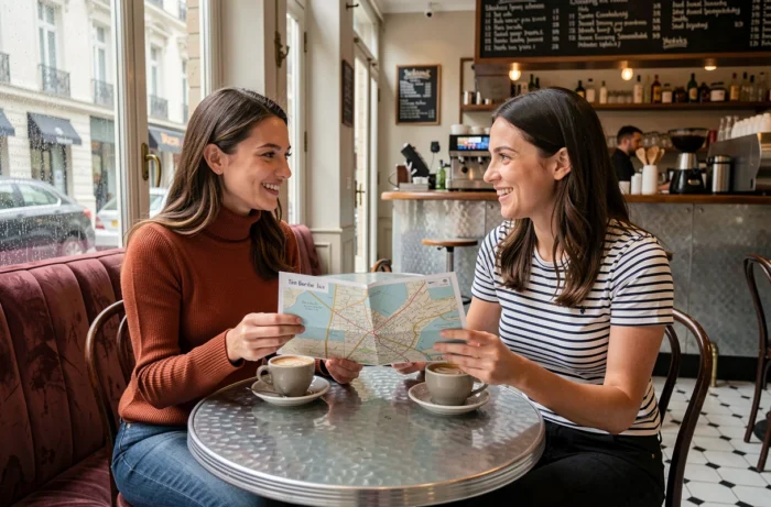 Deux amies planifiant une balade dans un café parisien traditionnel, idées de loisirs pour explorer Paris autrement