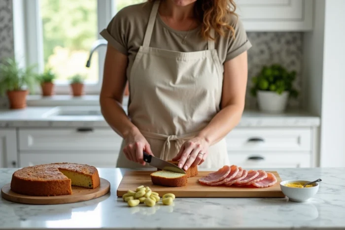 Femme tranchant un cake aux courgettes maison sur un plan de travail en marbre avec une planche charcuterie et cornichons