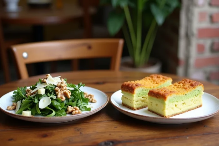 Cake aux courgettes tranché accompagné d'une salade verte aux noix et parmesan dans un cadre de bistrot parisien