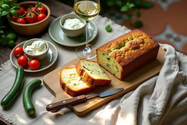Tranche de cake aux courgettes servie sur une table rustique avec fromage frais aux herbes, tomates cerises et vin blanc