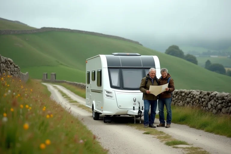 Couple de voyageurs debout près d'une petite caravane 2 places garée sur une route de campagne française, consultant une carte routière