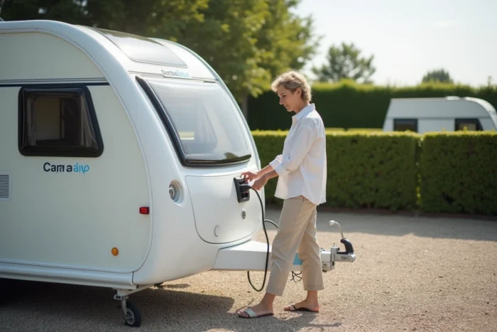 Caravane compacte Caravelair Alba 350 tout électrique branchée à une borne de camping, avec panneau solaire sur le toit