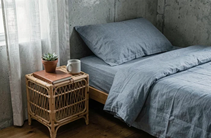 Chambre cosy décorée avec une table de chevet en rotin, plante succulente et linge de lit en lin bleu, indispensables déco pour une maison stylée