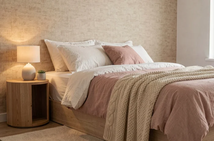Chambre moderne et cosy avec literie en coton bio, tête de lit basse et papier peint texturé en herbe naturelle pour une déco tendance