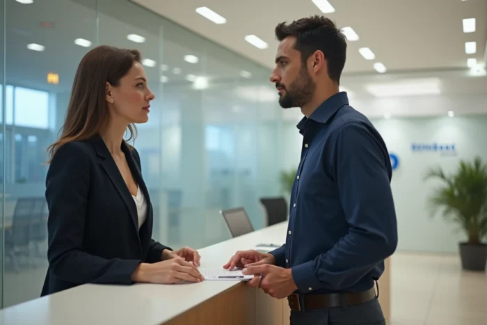 Client discutant d'un changement d'adresse avec un conseiller en agence bancaire