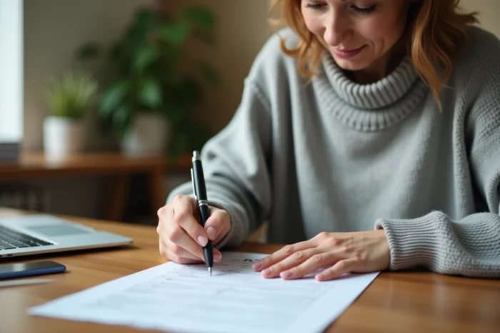 Femme remplissant un formulaire de changement d'adresse à son bureau à domicile