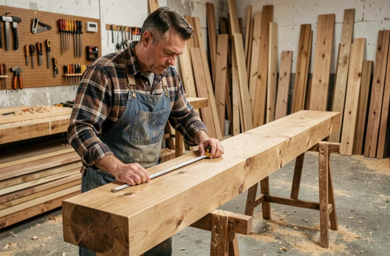 Charpentier mesurant une poutre en bois massif dans un atelier de menuiserie professionnelle