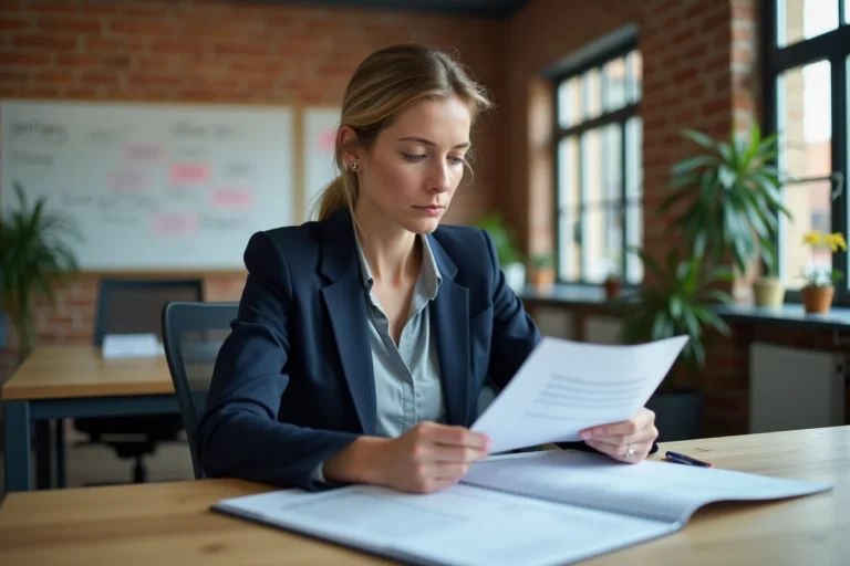 Cheffe d'entreprise PME analysant des documents de stratégie sur mesure dans un bureau moderne