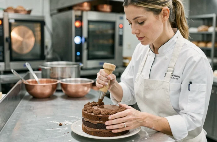 Cheffe pâtissière professionnelle décorant un gâteau au chocolat avec une poche à douille dans une cuisine de boulangerie