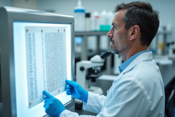 Chercheur en génétique analysant un caryotype chromosomique dans un laboratoire médical spécialisé