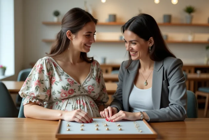 Deux femmes choisissant un bola de grossesse Pandora dans une boutique de bijoux