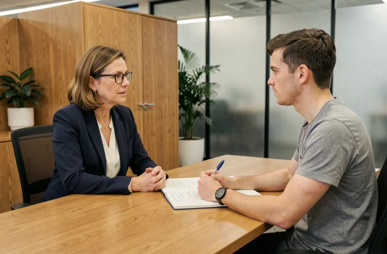 Responsable RH en coaching individuel avec un jeune collaborateur dans un bureau moderne, illustrant le développement des talents en entreprise